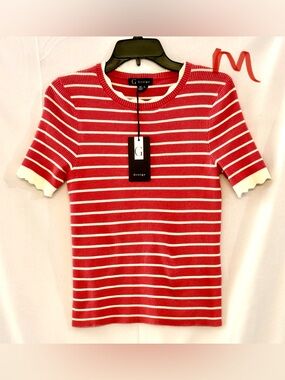 Greige Red & White Striped Rib-Knit Short Sleeve Top